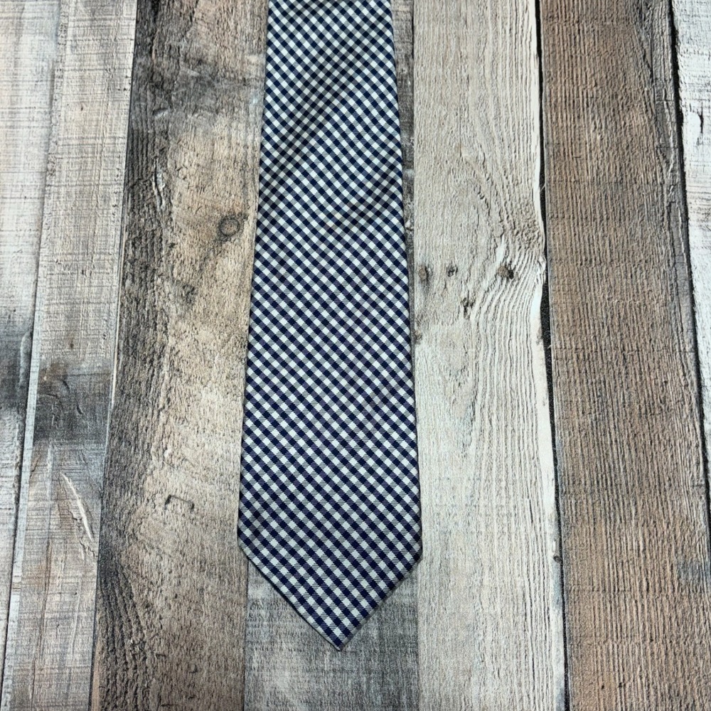 Polo Ralph Lauren Tie Men OS Navy Blue Gingham Check Silk Italy Vintage Preppy